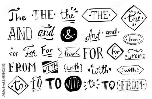 Catchwords and Ampersands Design Elements Black Thin Line Set Hand Drawn Doodle Style for Invitation. Vector illustration of Catchword