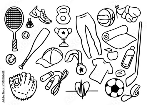 Sport Elements Thin Line Set Hand Drawn Doodle Style. Vector illustration of Ball, Medal and Champion Trophy Cup