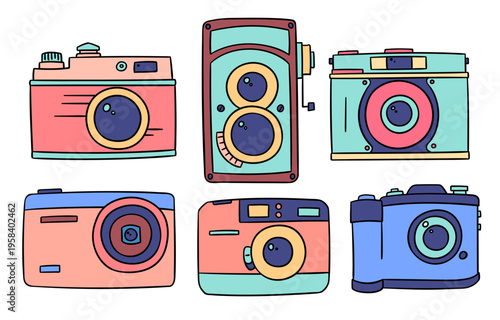 Color Retro Camera Analog Device Symbol Thin Line Set Hand Drawn Doodle Style. Vector illustration of Photograph Equipment