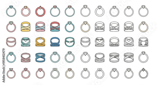 Collection of various outlined diamond ring icons in different styles and colors, symbolizing love, commitment, and luxury for jewelry and fashion design concepts