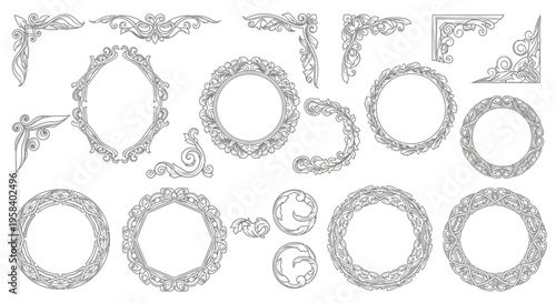 Ornate vintage decorative frames and borders, elegant flourishes and corner accents, calligraphic design elements for invitations and scrapbooking