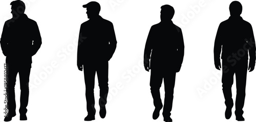 Four men in silhouette standing in a row on a white background