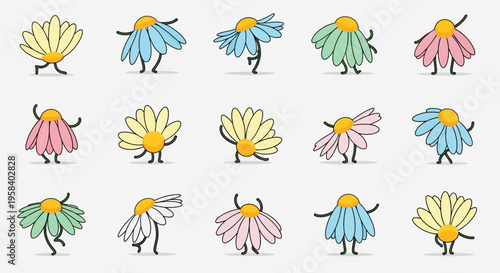 Set of happy cartoon flower bouquets with expressive faces, isolated on white background.