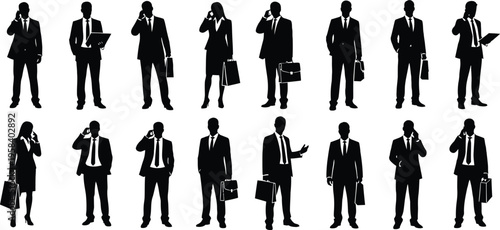 A group of businessmen in suits and ties are shown in various poses on a white background.