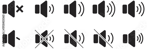 Volume icon set, loudspeaker mute and unmute sound flat vector icons for video apps and websites, speaker volume audio voice sound symbols, clean isolated design