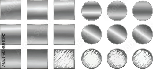 Metallic silver gradient swatches, 18 chrome and brushed steel vector elements, polished iron circles and squares for UI design