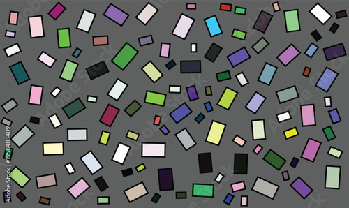 Abstract geometric pattern with colorful rectangles, scattered mosaic shapes on dark grey background, modern vector illustration