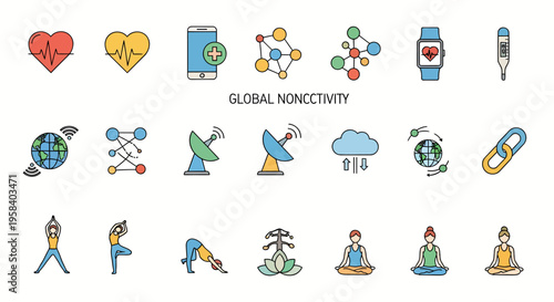 yoga wellness icons with global connectivity and health monitoring for fitness app branding