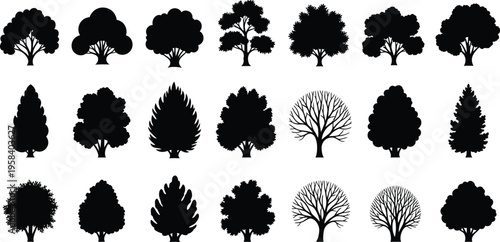 Black tree silhouettes collection, 21 forest plant icons in EPS format, minimalist deciduous and coniferous tree shapes for landscape design