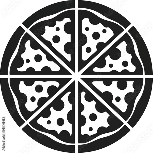 A stylized black and white graphic depicting a pizza cut into eight slices, with each slice showing pepperoni circles against a white background, creating a bold and appetizing visual