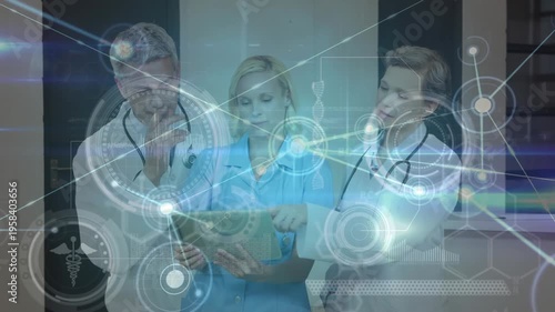 Animation of data processing over caucasian doctors talking