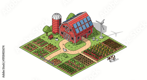 sustainable farm with solar panels on red barn and wind turbine for eco friendly agriculture