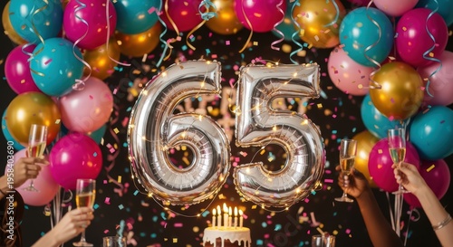 Sixty Fifth Birthday Celebration with Silver Balloons Confetti and Champagne Toast