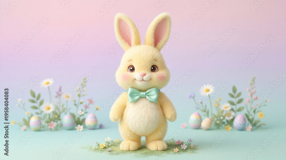 Fototapeta premium A cute cartoon bunny wearing a bow tie stands in a field of flowers and Easter eggs