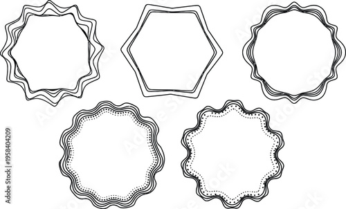 Minimalist wavy line frames, set of 5 geometric circular and hexagonal border elements, black and white linear vector illustrations for branding