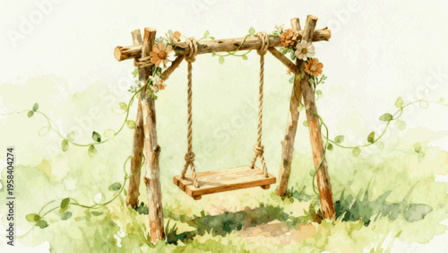 Tree Swing Wooden Swing in Garden isolated watercolor vector illustration svg