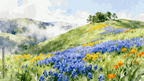 Pretty Hillside Wildflowers on the Hill isolated watercolor vector illustration svg