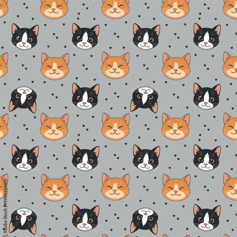 Fototapeta premium Seamless pattern of cute ginger and tuxedo cat faces with small hearts on gray background vector