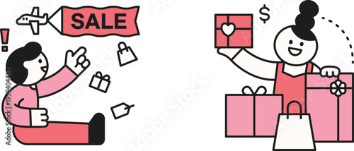 Online shopping and retail sale illustration with happy customers