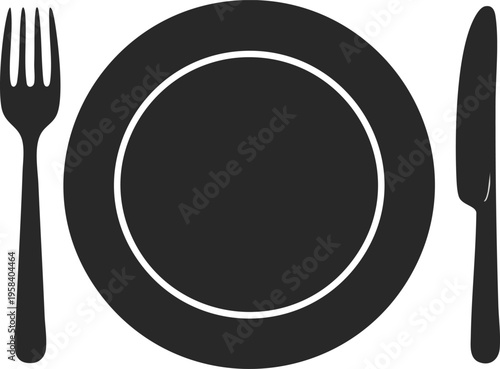 A simple black and white illustration of a plate with a fork and knife on either side, representing a meal setting
