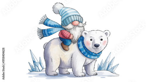 a cartoon polar bear with a man on its back wearing a winter hat and scarf