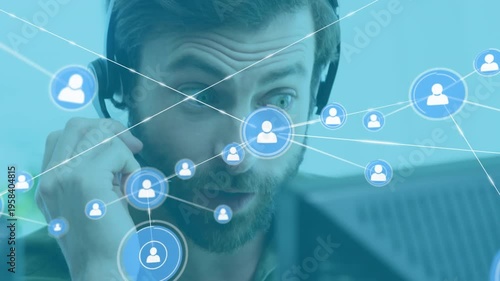 Businessman uses digital network interface for global connections in office