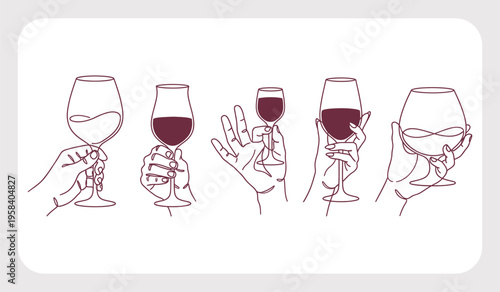 Minimal Linear Style Illustration of Cartoon Hands Holding Wine Glasses for Celebration Party Invitation Design. Vector Illustration.