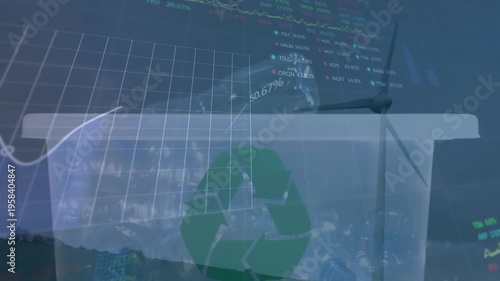 Animation of financial data processing over wind turbine and recycling box
