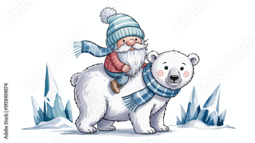 a cartoon illustration of a man riding a polar bear with ice crystals in background