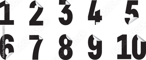 Number Set 1 to 10 with Realistic Page Curl and Paper Fold Effect