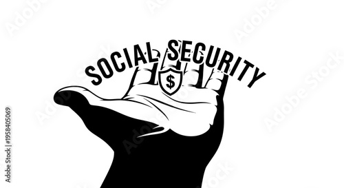 A silhouette of an open human hand holding a small shield icon with a dollar sign, with the text 'SOCIAL SECURITY' arched above it.