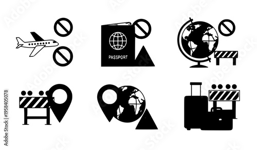 Travel Restrictions Flat Icon Set Airplane Passport Warning Prohibited Symbols Vector