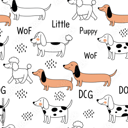 Seamless Pattern with Cute Cartoon Dogs Dachshund Poodle and Puppy Vector Illustration