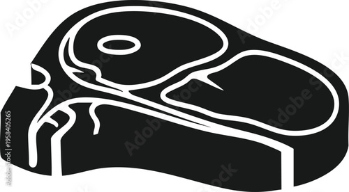 Black and white silhouette illustration of a raw steak, featuring a bone, perfect for culinary designs and butcher shop branding