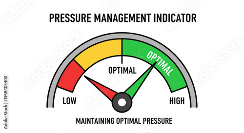 Pressure Management Indicator gauge showing low, optimal, and high levels. Business concept for stress management, performance optimization, and maintaining optimal pressure.