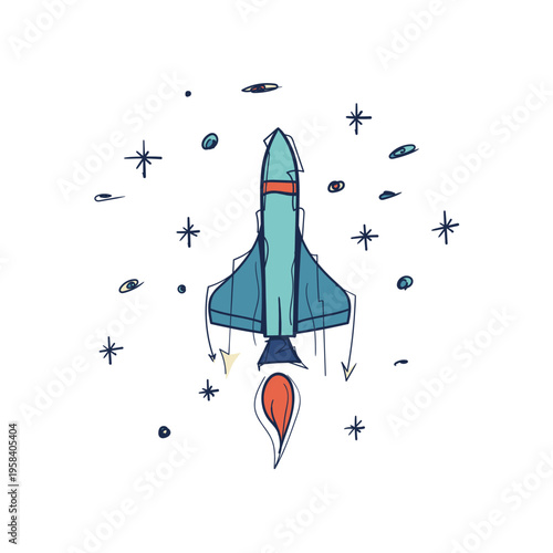 Retro Space Shuttle Launch Doodle Color Illustration
