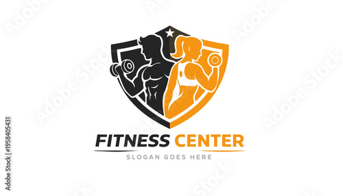 A fitness center logo with a shield and two weightlifters inside