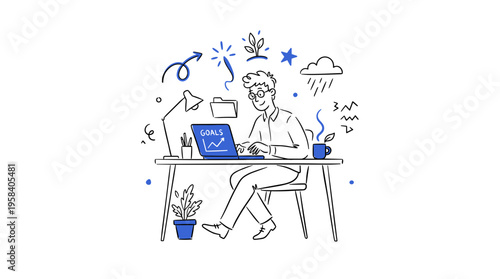 Young man working on laptop at desk with plant and lamp, creative doodles symbolizing ideas and growth, business concept illustration