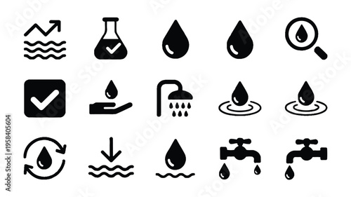 Black and white water drop icons on white background for conservation concepts