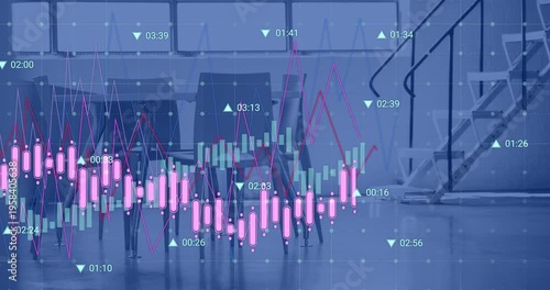 Animation of financial data processing over chairs in empty office