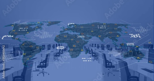 Animation of financial data processing and world map over office with computers on desks