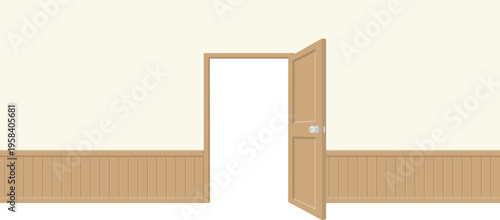 Interior Illustration Of An Open Wooden Door With Decorative Wall Paneling