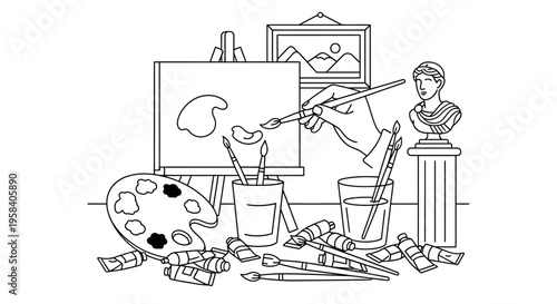 Painter working on canvas with brushes.