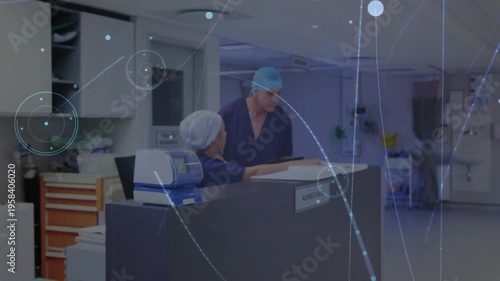 Medical data processing animation over healthcare professional in hospital corridor
