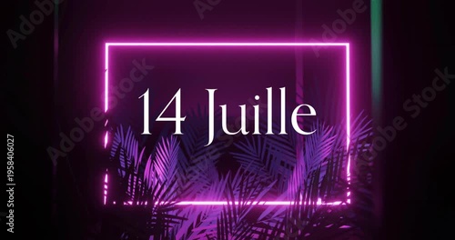 14 Juille text over neon pink frame and palm leaves animation