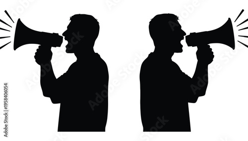 Two men silhouette shouting through megaphones in opposite directions loudly