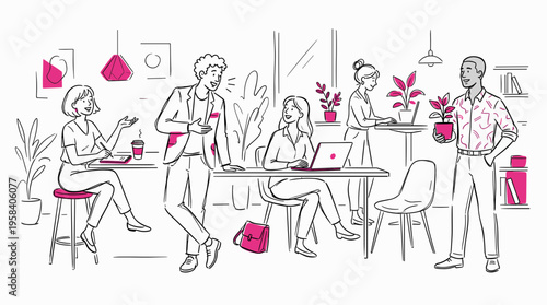 Diverse team collaborating in a modern office space with plants and laptops, fostering creativity and productivity in a lively work environment
