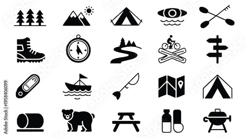 Camping and outdoor adventure icons set for travel and recreation activities