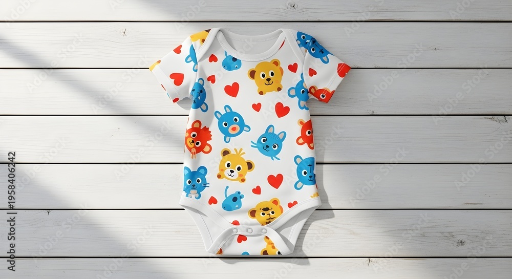 Obraz premium Adorable baby onesie with colorful teddy bear and heart pattern on white wooden background