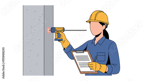 Construction Inspection: A construction worker is meticulously inspecting a concrete pillar, utilizing advanced technology to assess its integrity and quality.